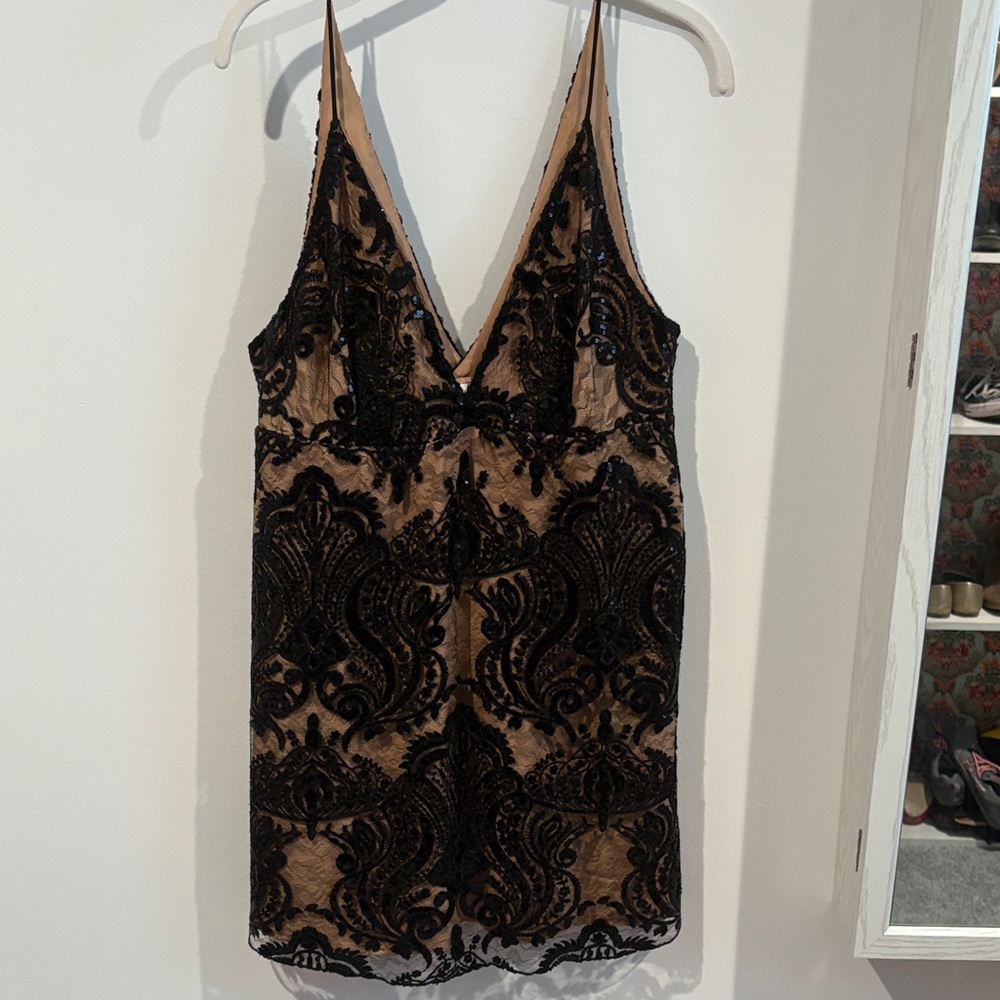 Free People Tan & Black Lace Mini Dress | Size 8 | Elegant Cocktail Party